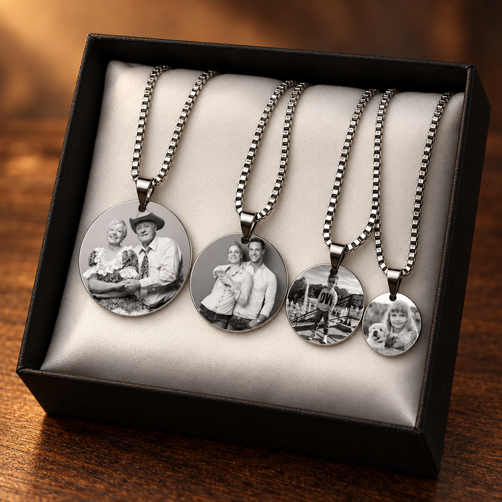 Auxauxme Customized Photo Name Necklace Stainless Steel Laser Engraved Picture Text Round Tag Choker Family Couple Jewelry Gifts